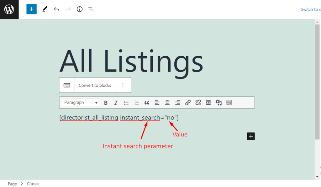 all listing page shortcode - Directorist instant search
