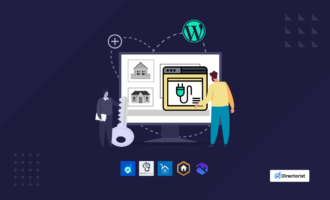 Free-Real-Estate-Listing-Plugins-for-WordPress - A person connects a plugin to a WordPress website on a computer screen to create a real estate listing platform. The plugin, Directorist, displays home icons, showcasing its purpose in building online real estate directories.