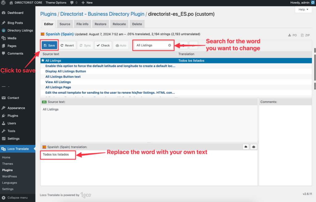 How to Translate or Change Directorist Strings with LocoTranslate?