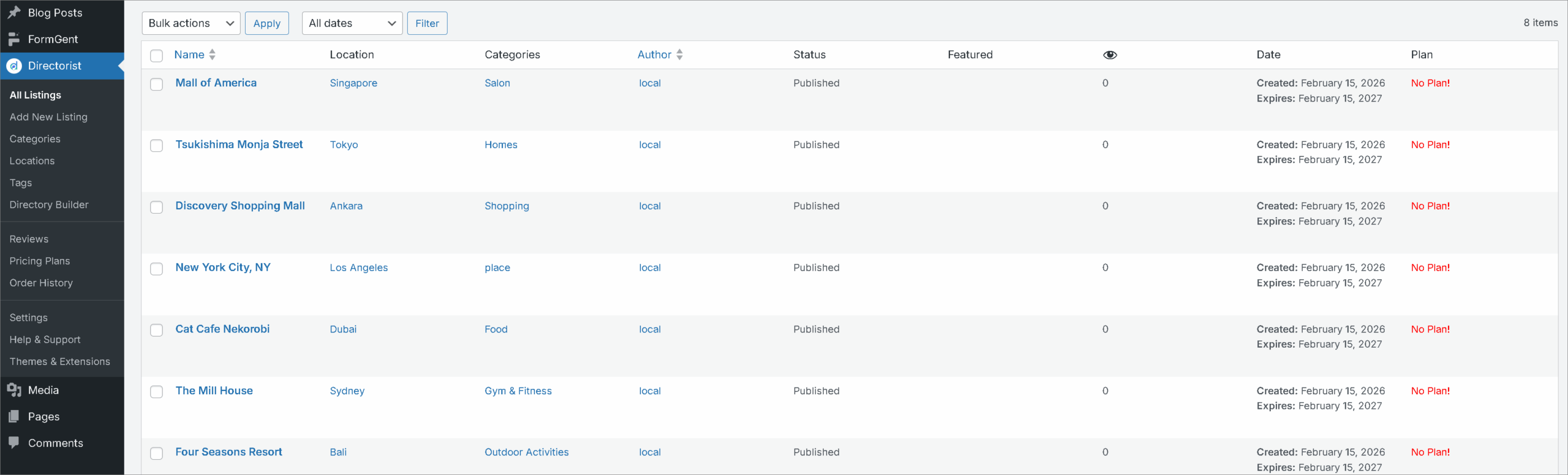 demo listings of directory website