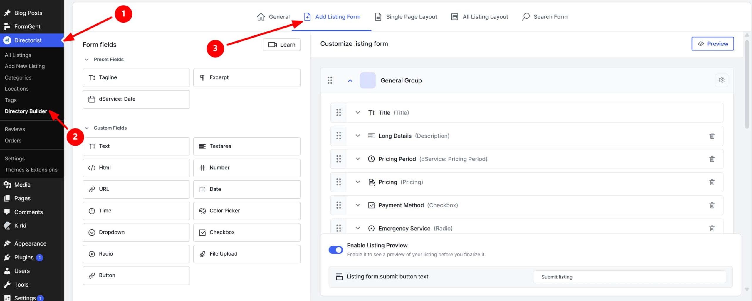 customize add listing form