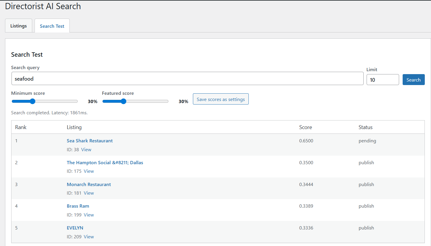 Directorist AI Search test panel