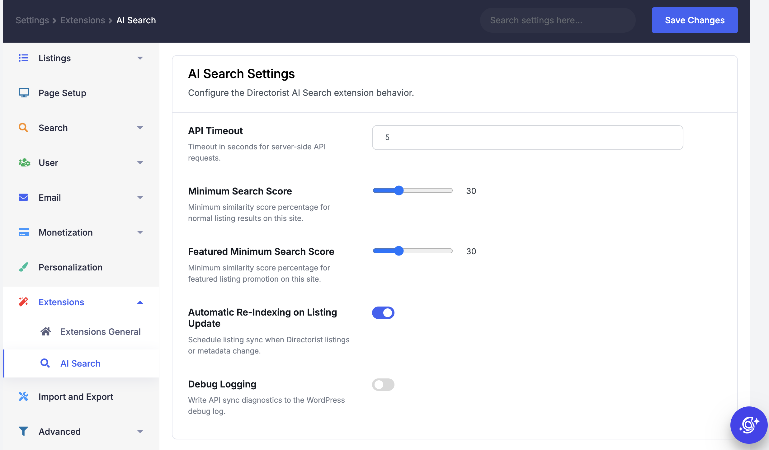 Directorist AI Search score controls