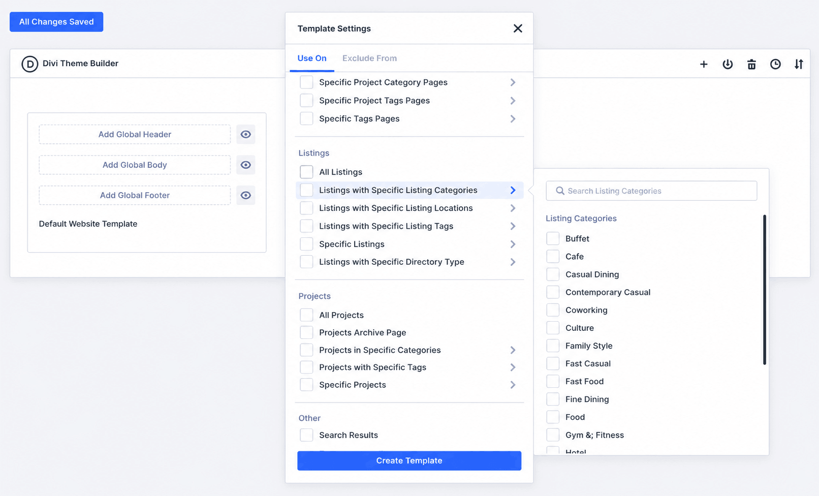 Divi Theme Builder template settings for listings