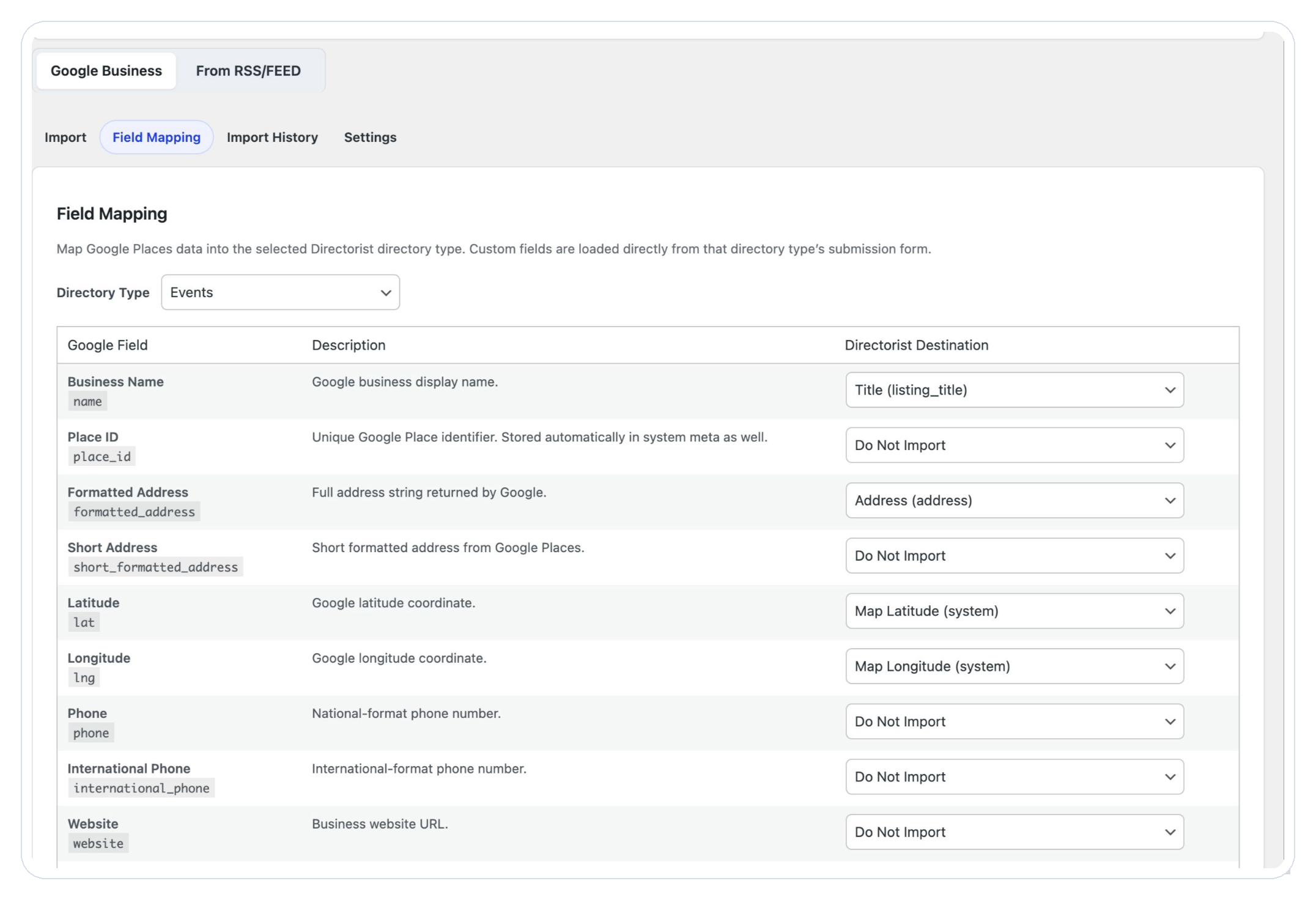 Field mapping settings