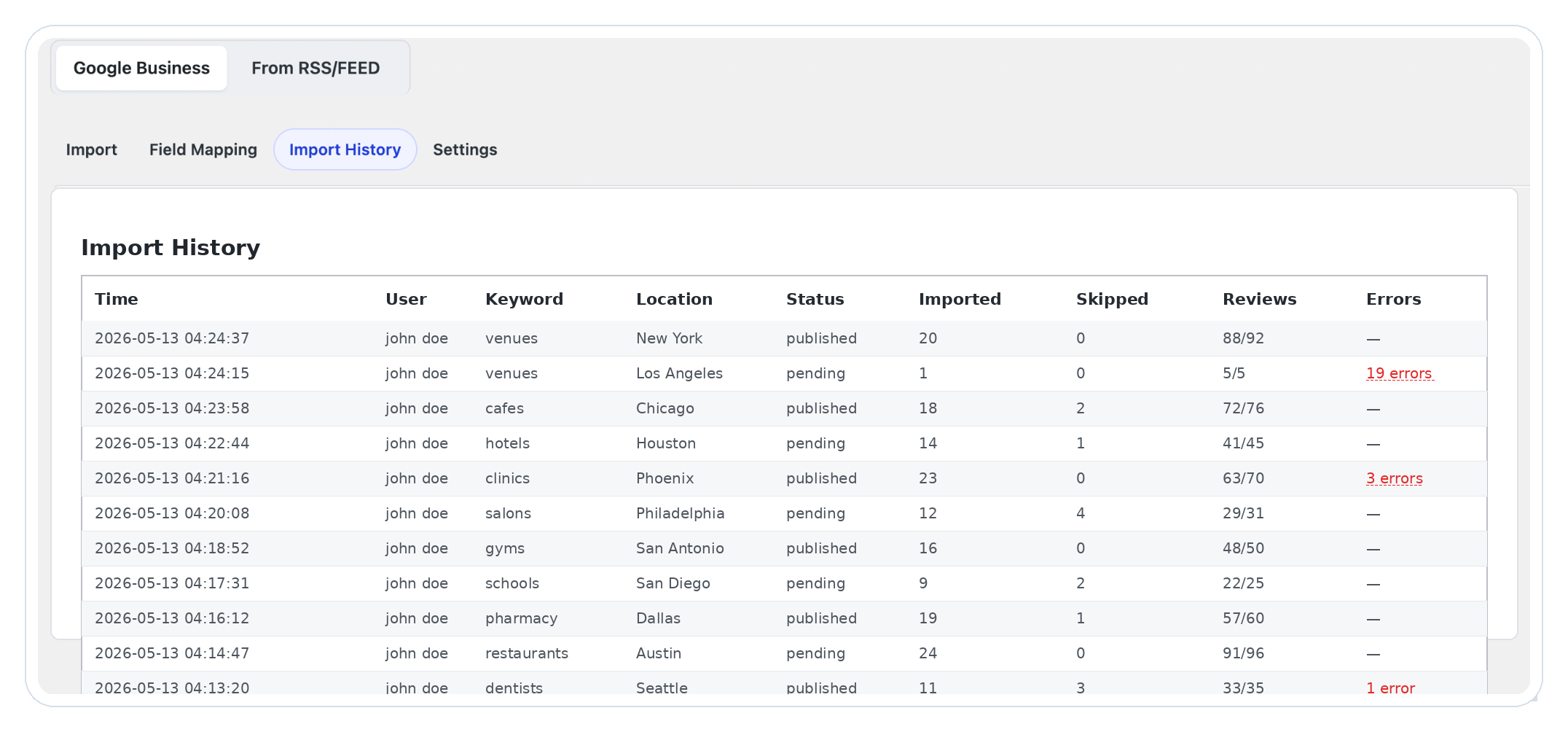 Import history report