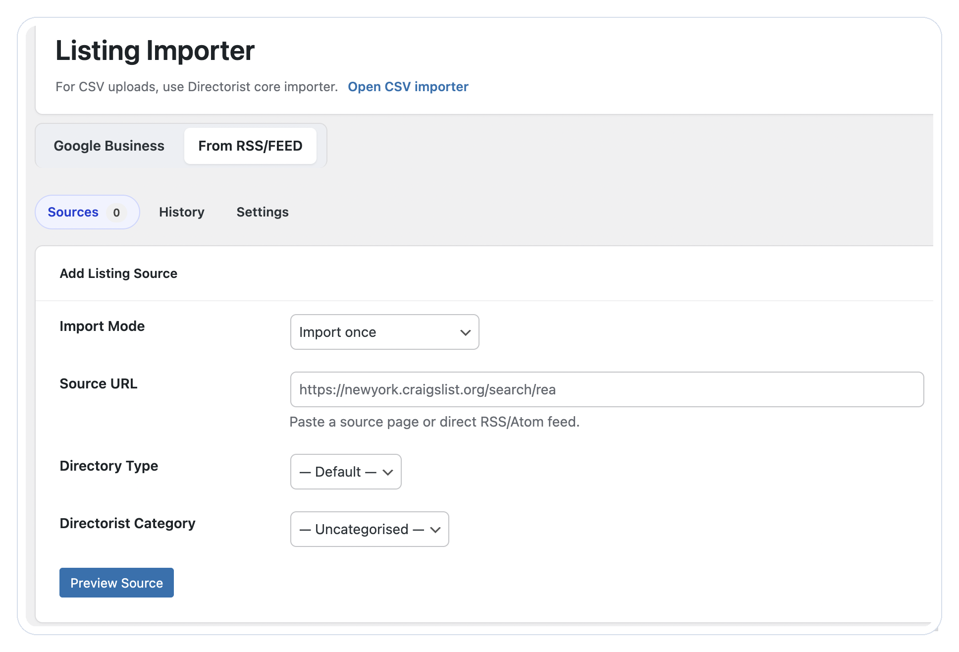 Listing Importer source setup