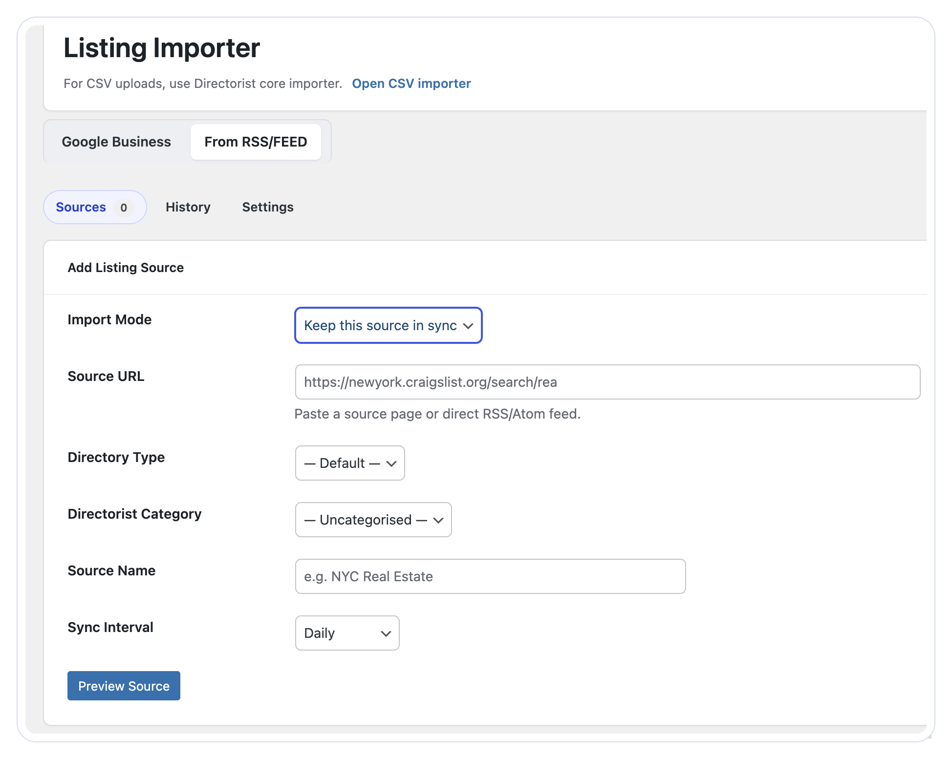 RSS sync settings