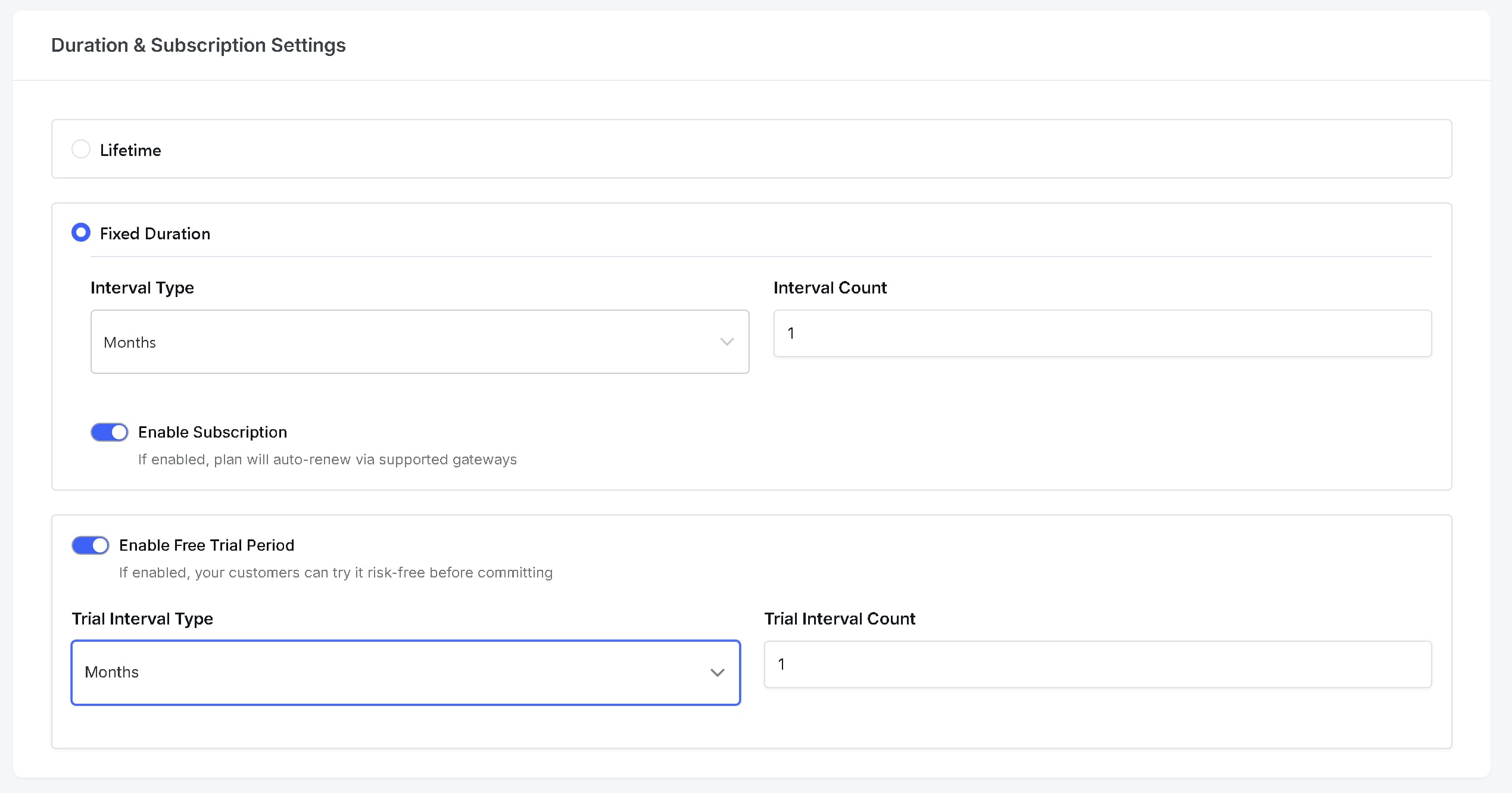 Duration and subscription settings for Pricing Plan