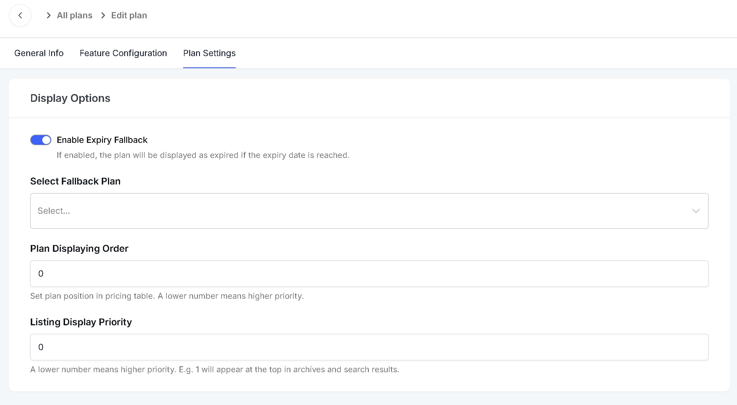 Expiry fallback settings for Pricing Plan
