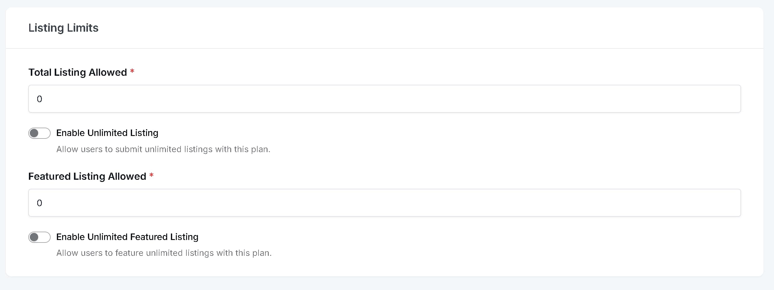 Listing limit settings for Pricing Plan