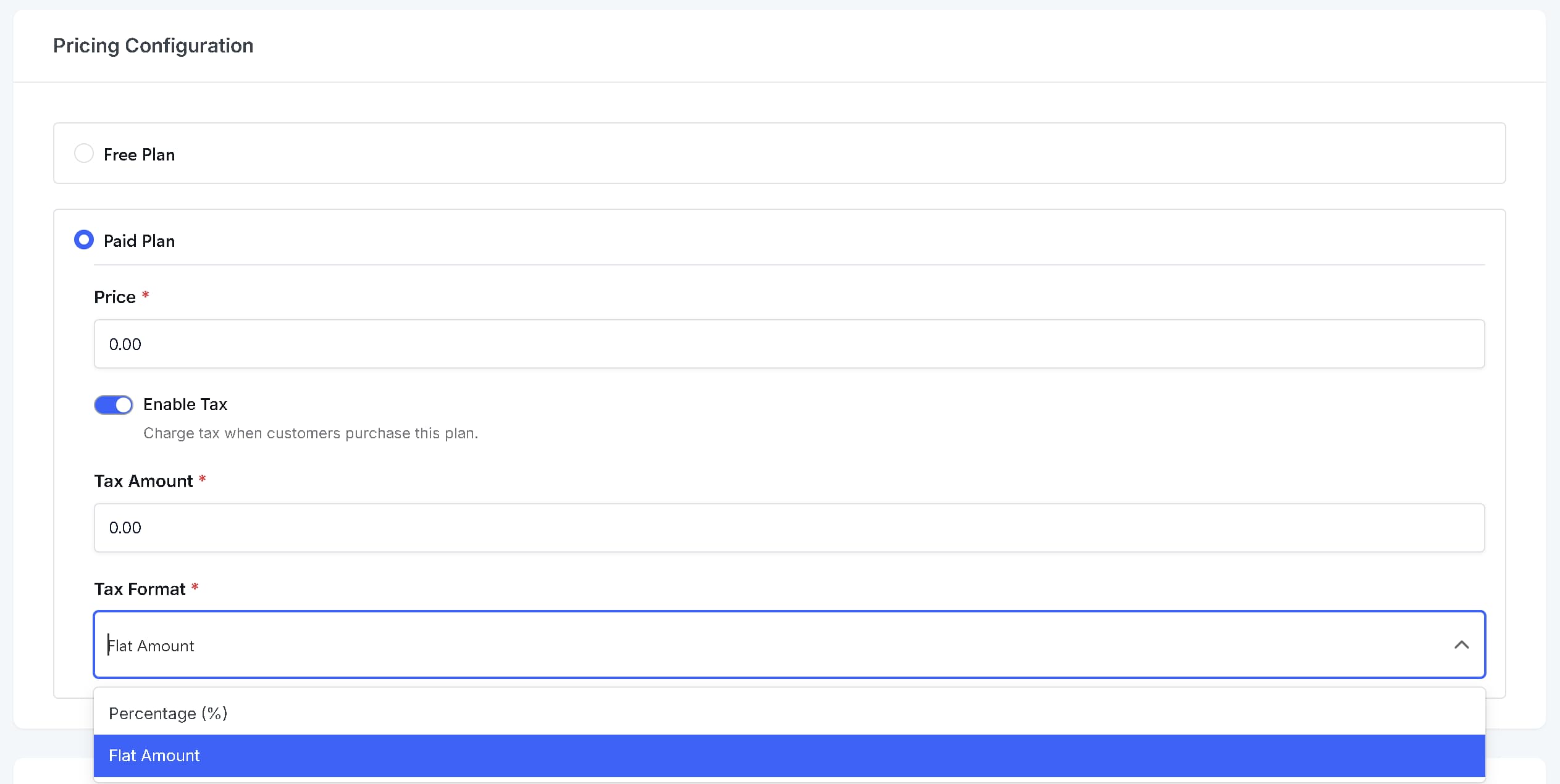 Pricing Plan configuration settings