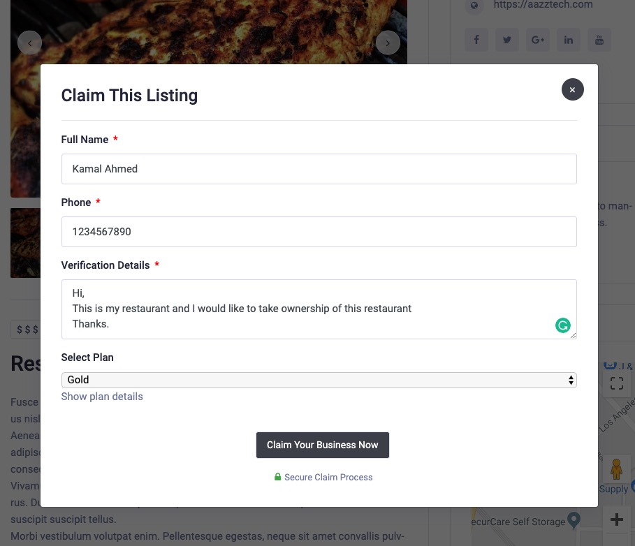 Claim Modal Form on front-end