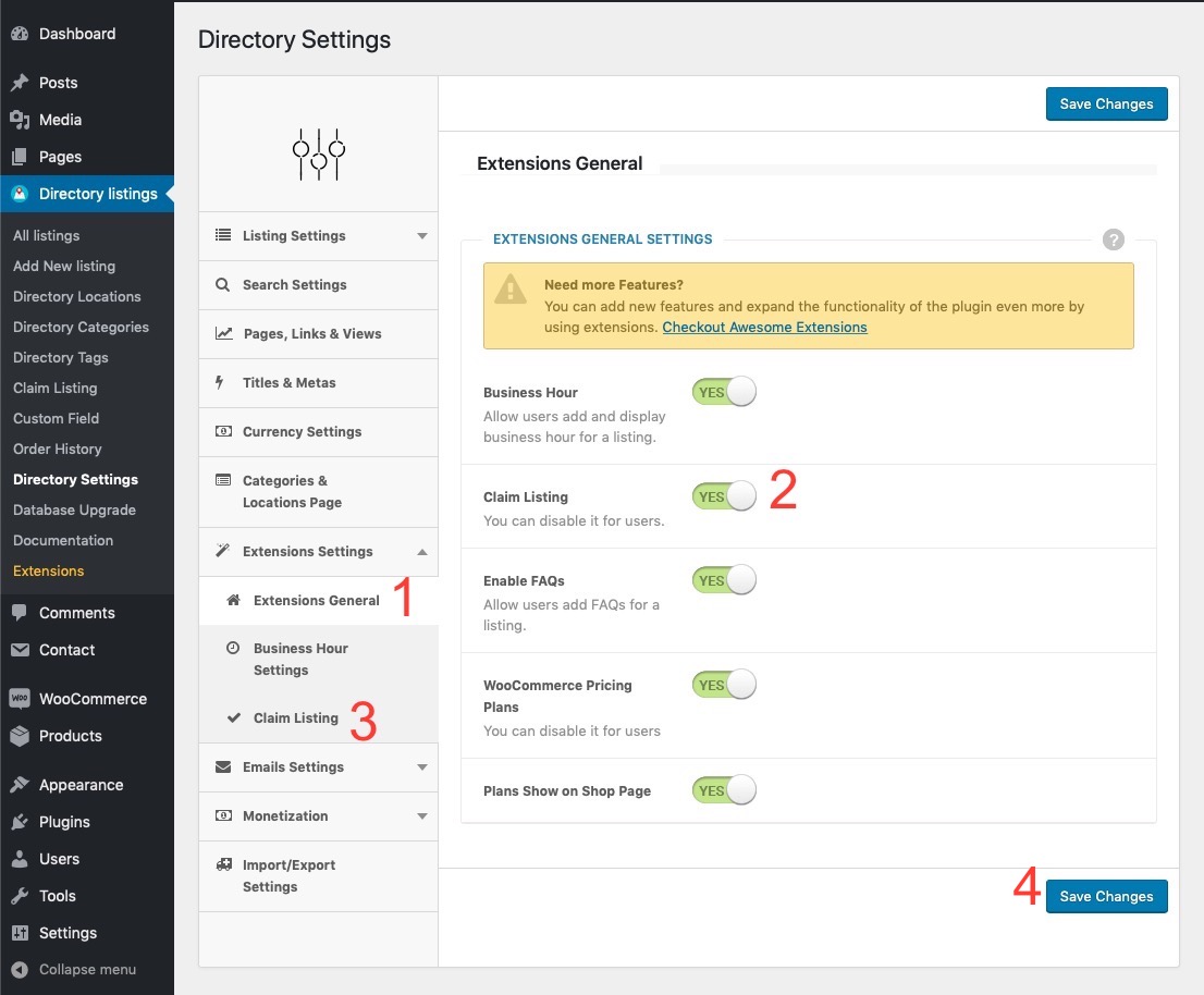 Initial extension settings