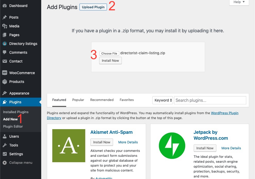 Installing Directorist Claim Listing via WP dashboard