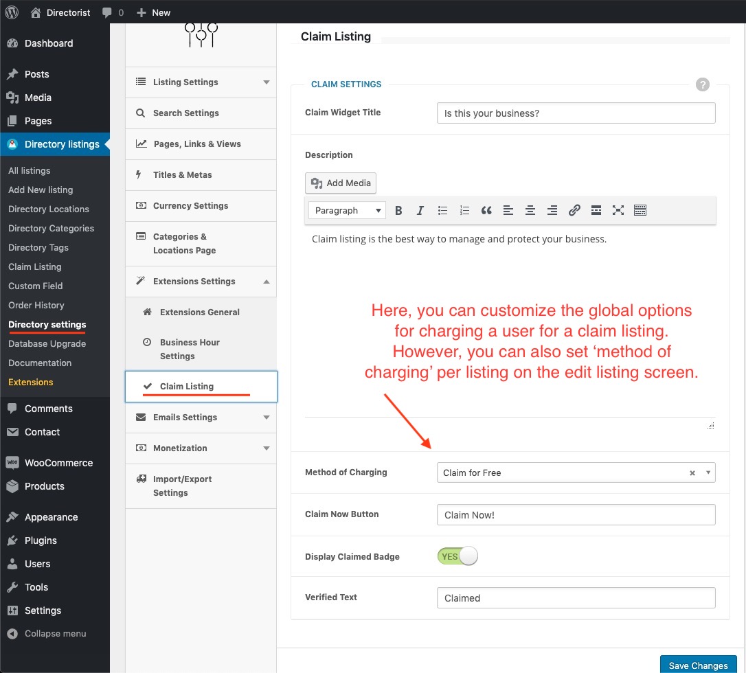 Claim listing Settings