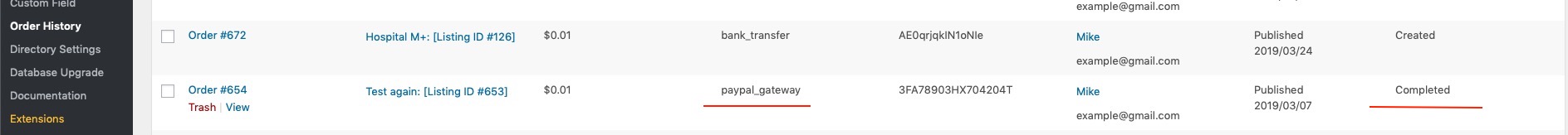Example of a completed order using the PayPal Gateway
