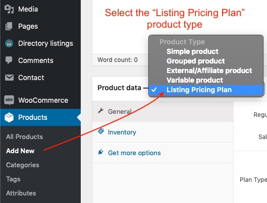Select Listing Pricing Plan Product Type