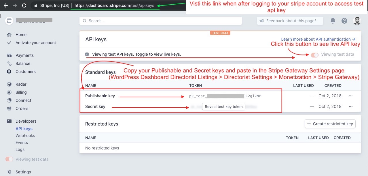 Getting Stripe API keys