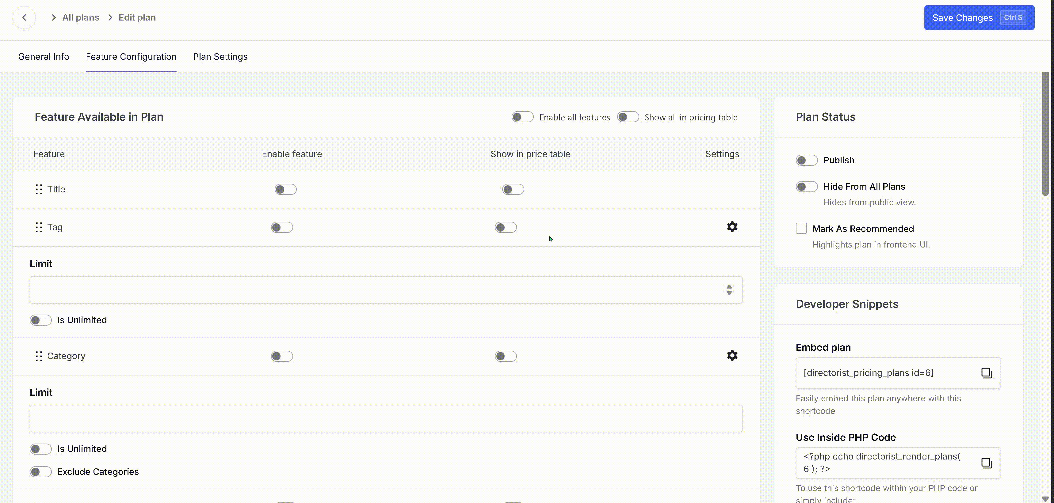Pricing Plan Feature Configuration Tab