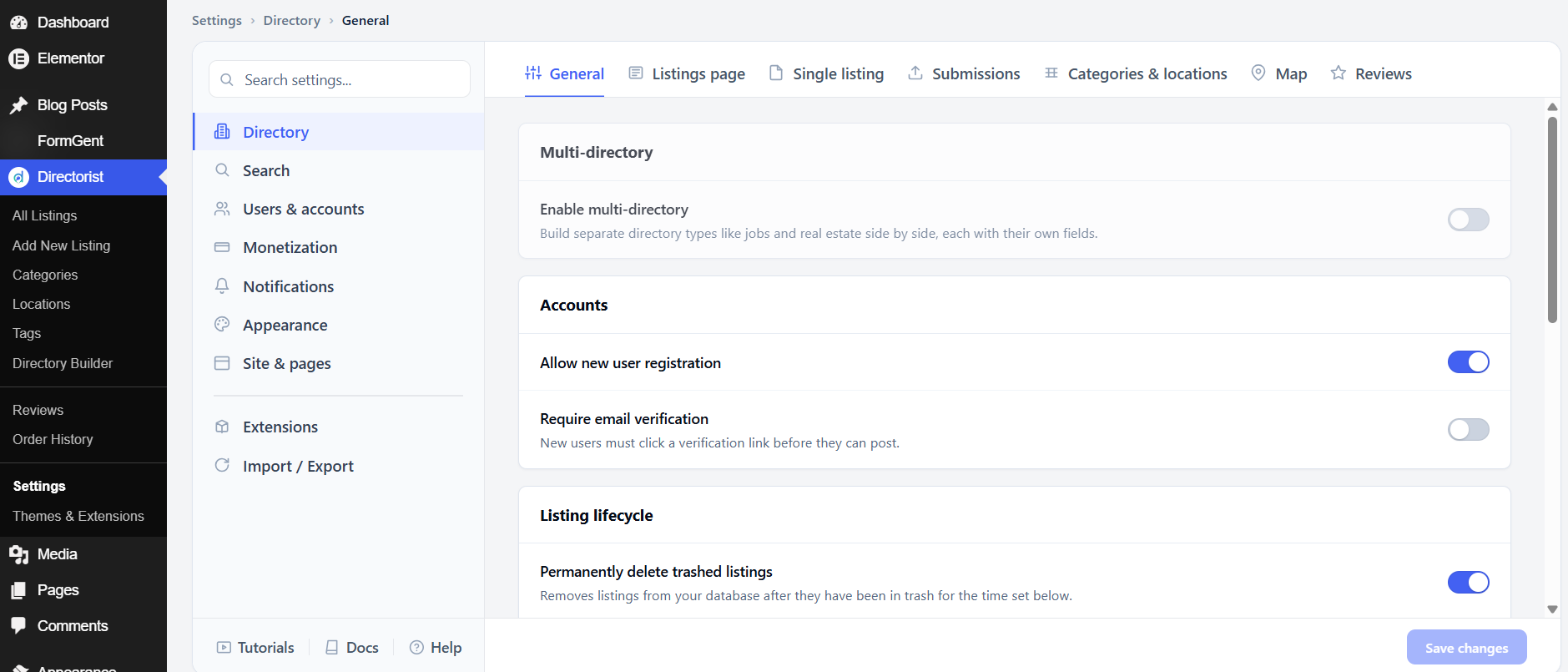 Directory section controls